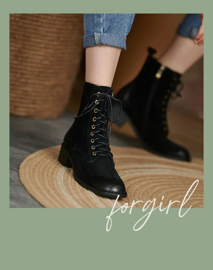 Genuine Leather  Women Retro Lace Ankle Boots for Women - Ghoddosh