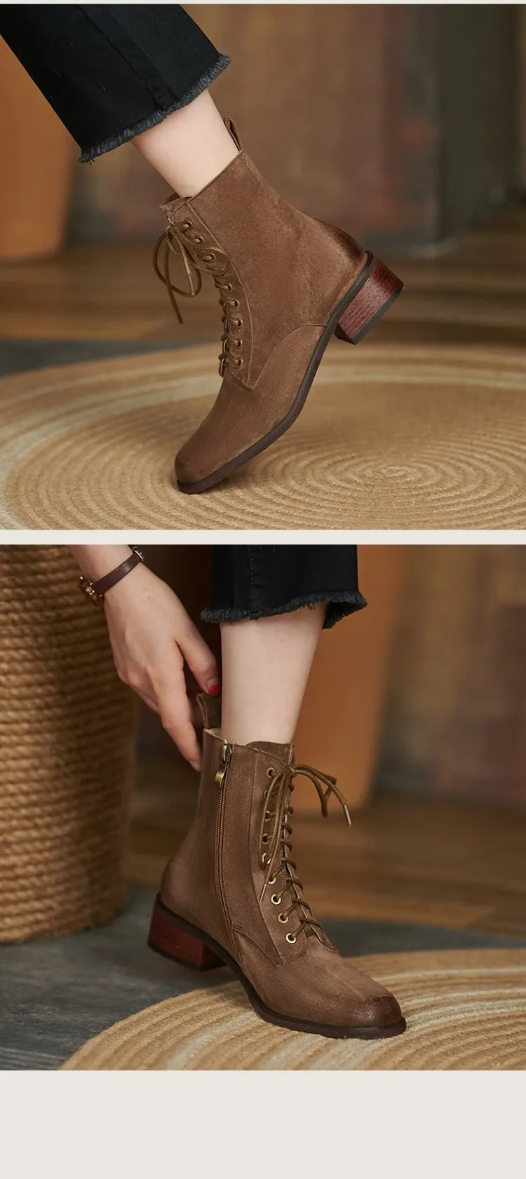 Genuine Leather  Women Retro Lace Ankle Boots for Women - Ghoddosh