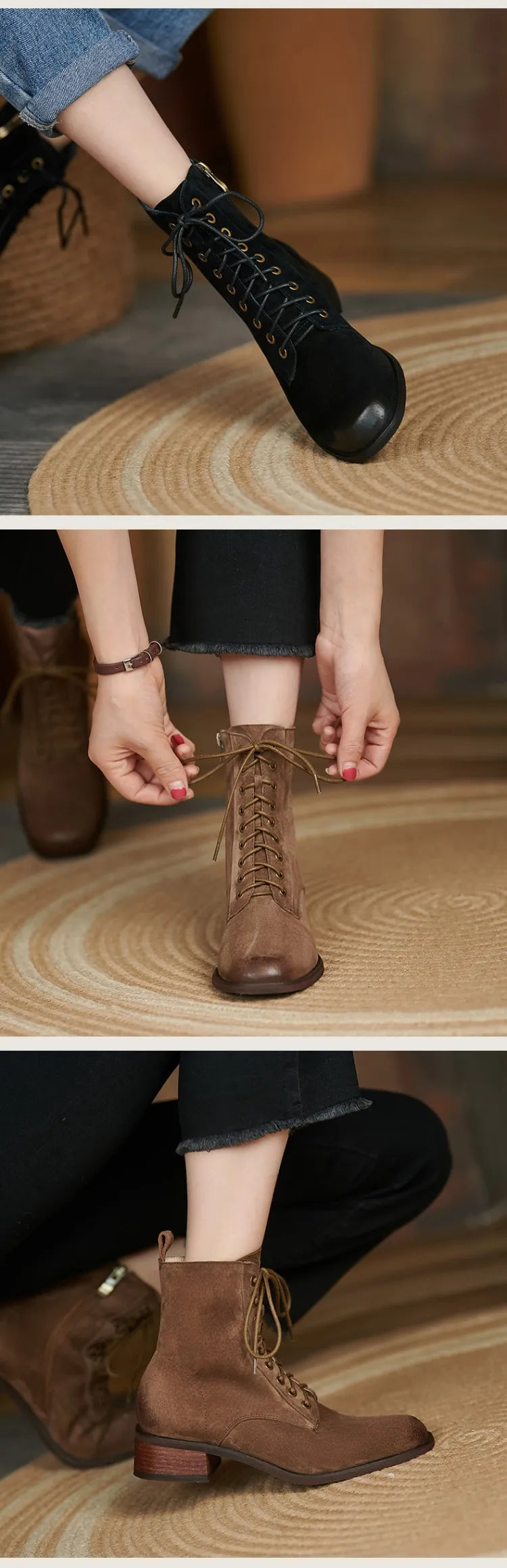 Genuine Leather  Women Retro Lace Ankle Boots for Women - Ghoddosh