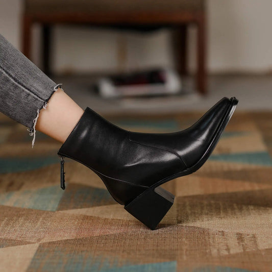 Cow Leather High Heels Square Toe Winter Ankle Boots - Ghoddosh