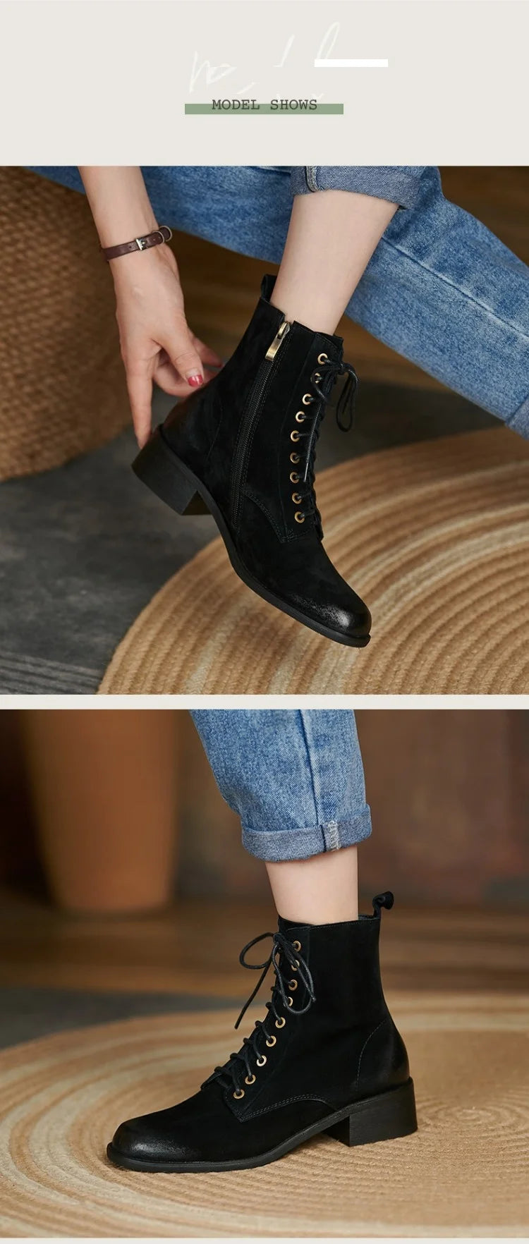 Genuine Leather  Women Retro Lace Ankle Boots for Women - Ghoddosh
