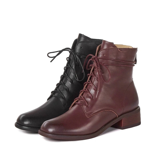 Cow Leather Lace Up Vintage Round Toe / Low Heels Lady Ankle Boots - Ghoddosh