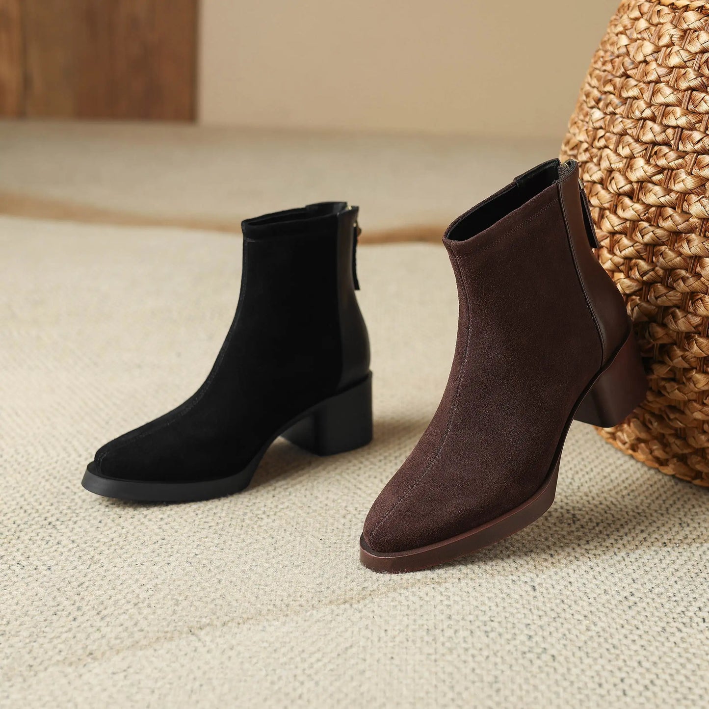Premium Equestrian Suede Ankle Boots — Plus Sizes 34–43, Square Toe Mid Heels, Warm Winter Comfort - Ghoddosh
