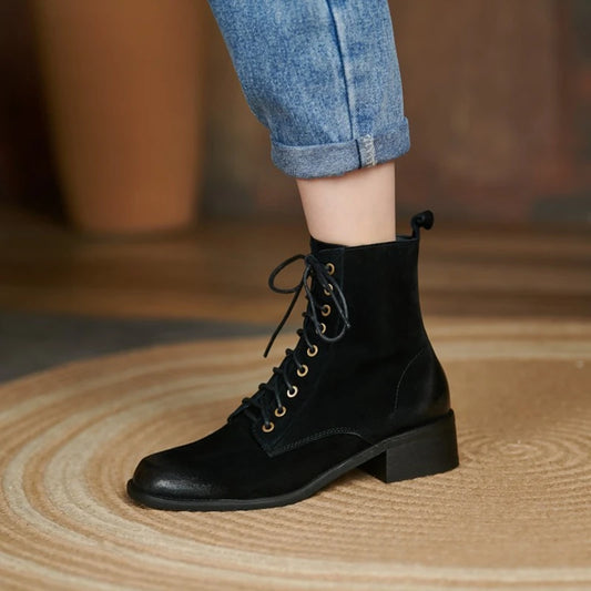 Genuine Leather  Women Retro Lace Ankle Boots for Women - Ghoddosh