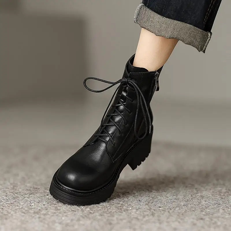 Genuine Leather Round Toe Thick High Heels Fashion Ankle Boots - Ghoddosh