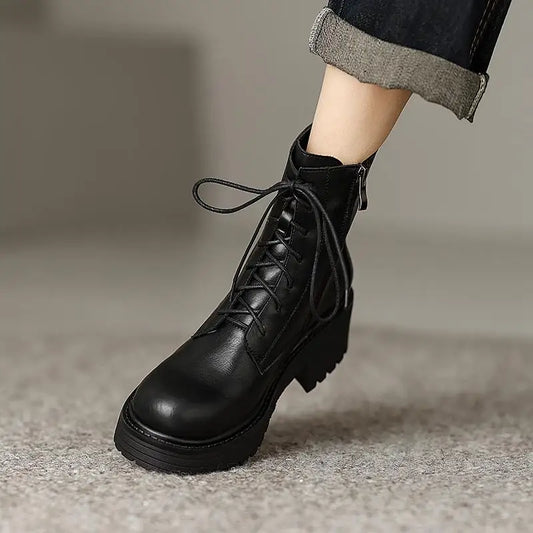 Genuine Leather Round Toe Thick High Heels Fashion Ankle Boots - Ghoddosh