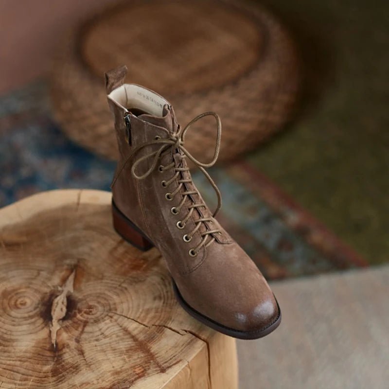 Genuine Leather  Women Retro Lace Ankle Boots for Women - Ghoddosh