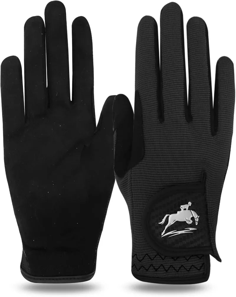An advertisement for women's equestrian horse riding gloves featuring a woman sitting on a brown horse with the horse equipped with black and gray riding gear.