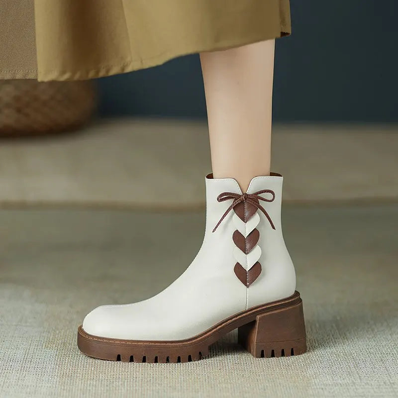 2026 Full Grain Leather , Square Toe , Thick High Heels Retro Fashion  Handmade Bowtie  - with Hearts  - Ghoddosh