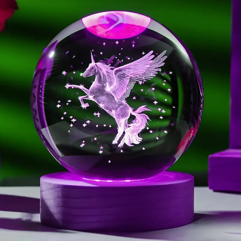 Unicorn 3D Laser Carved Crystal Ball, beautifully illuminated by a wooden-colored LED lamp holder - Ghoddosh