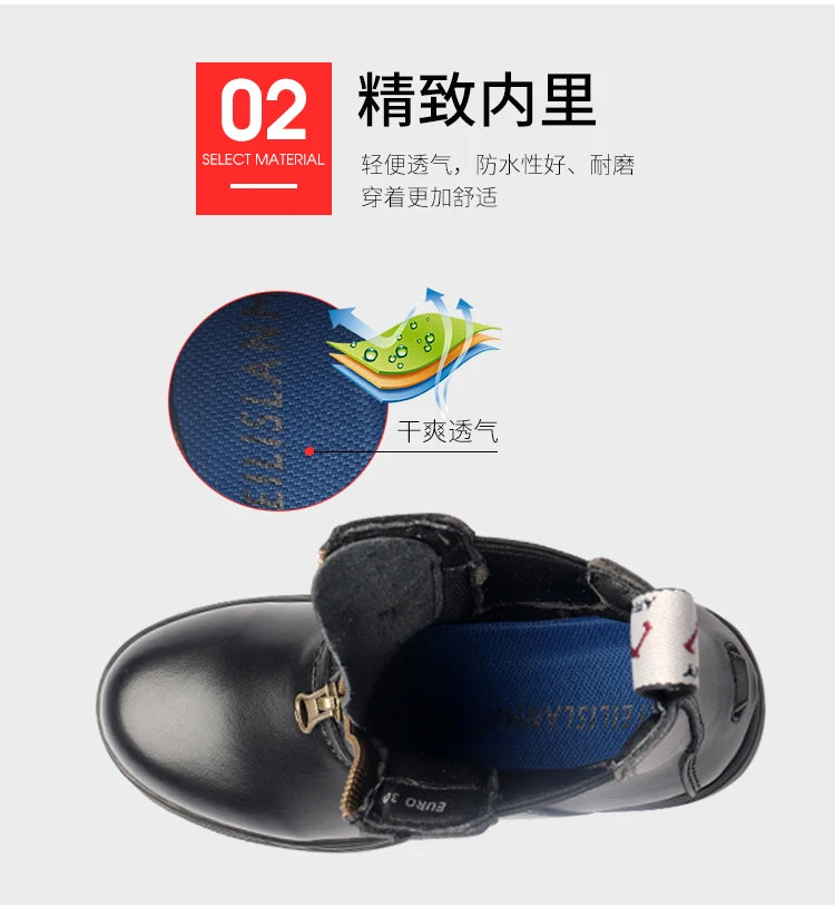 Black leather boot with a zipper on a gray surface . Ghoddosh