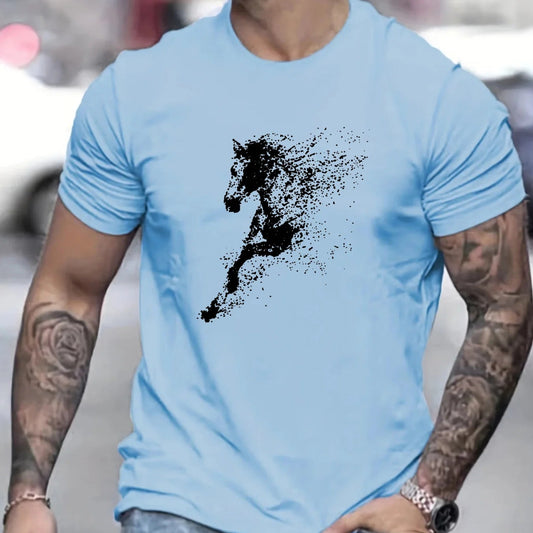Men's Cotton Fashionable Casual Loose Large Black Horse Printed Pattern Short Sleeve T-shirt - Ghoddosh