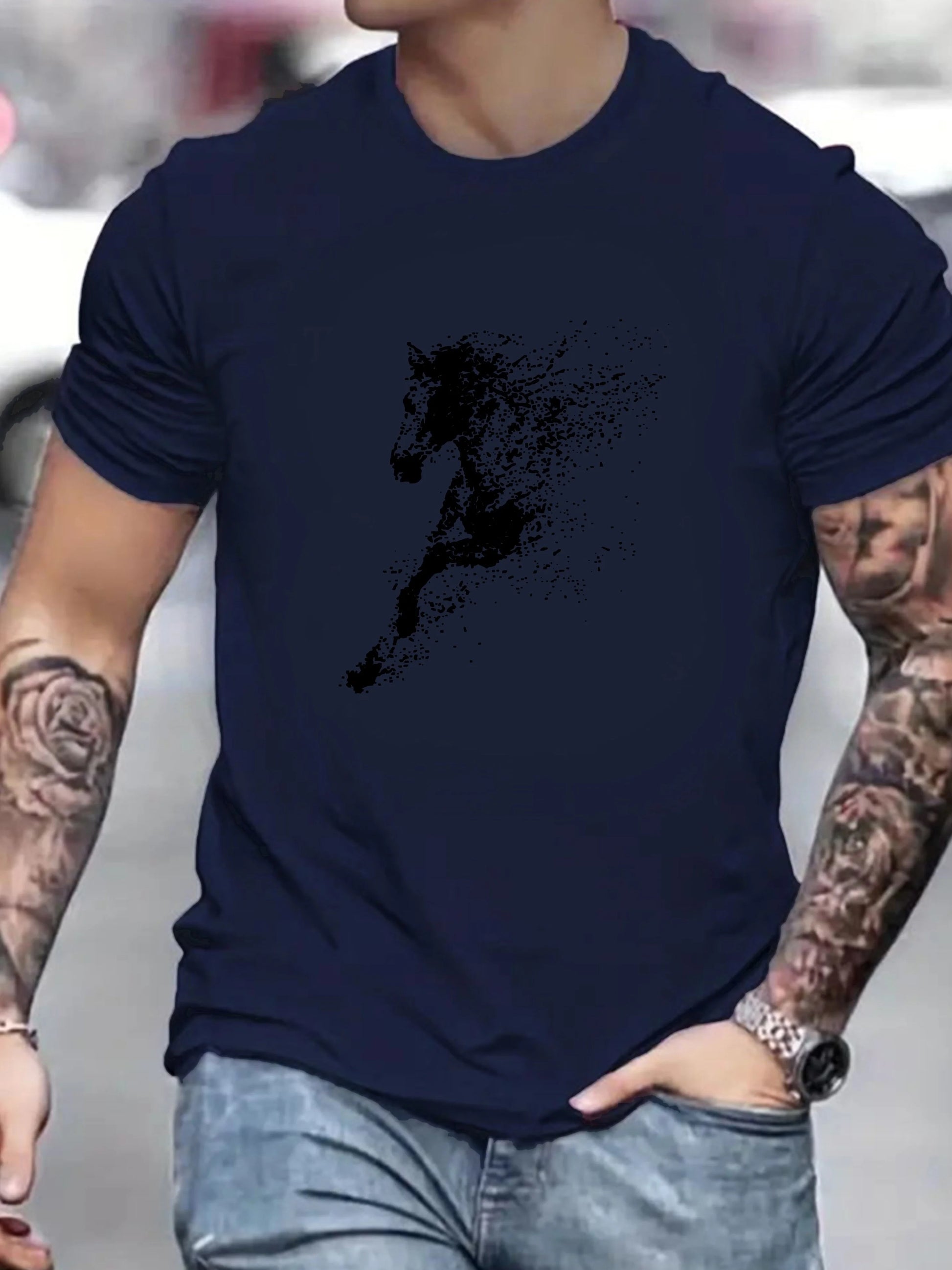 Men's Cotton Fashionable Casual Loose Large Black Horse Printed Pattern Short Sleeve T-shirt - Ghoddosh