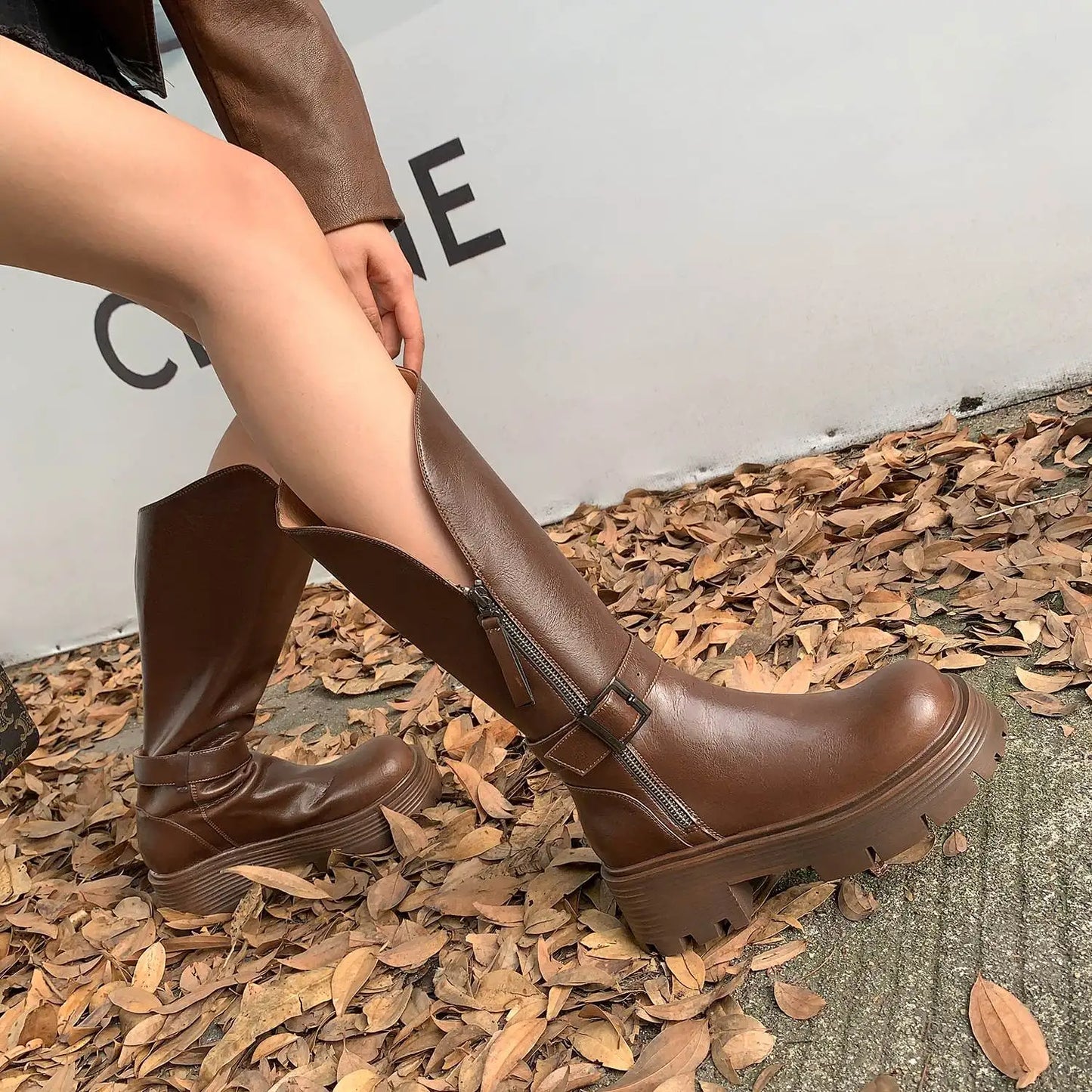 Handmade Full Grain Leather Round Toe Med Riding Heels / Long Boots Platform Deign Boots - Ghoddosh
