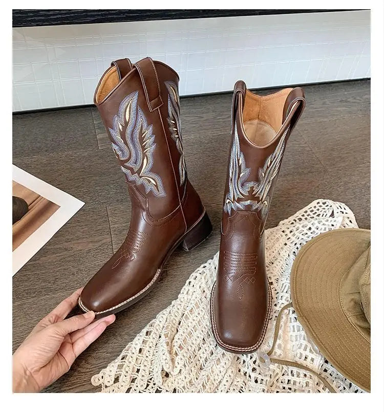 Embroidered brown cowboy boots — square toe and chunky mid-calf heel. - Ghoddosh