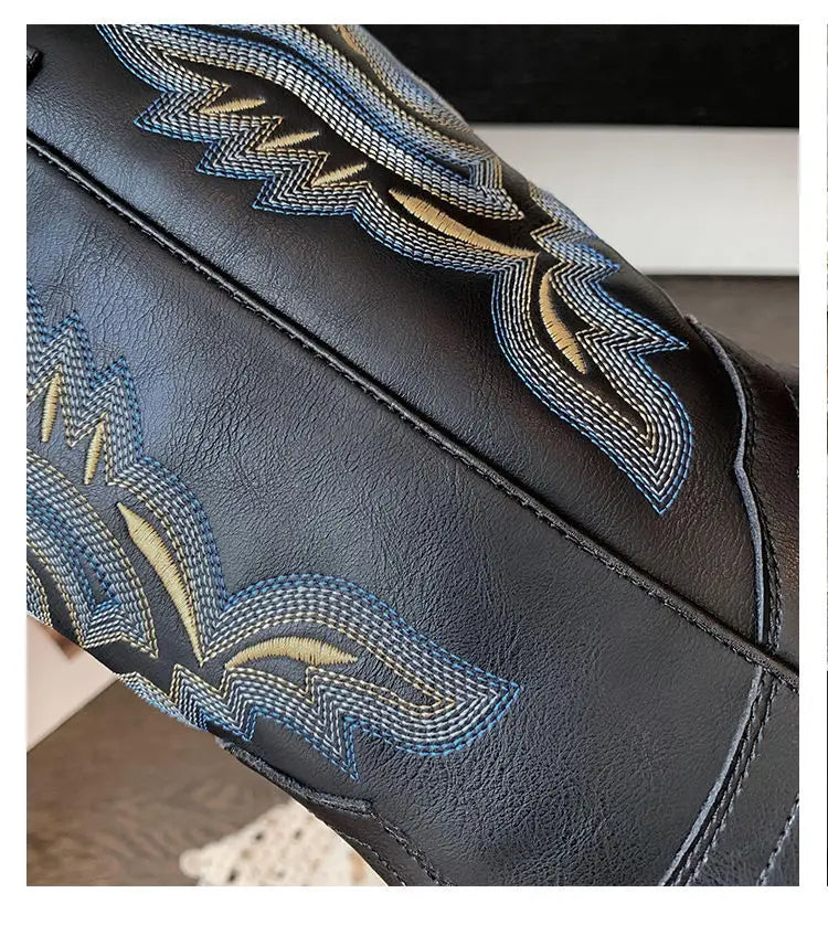 Embroidered brown cowboy boots — square toe and chunky mid-calf heel. - Ghoddosh