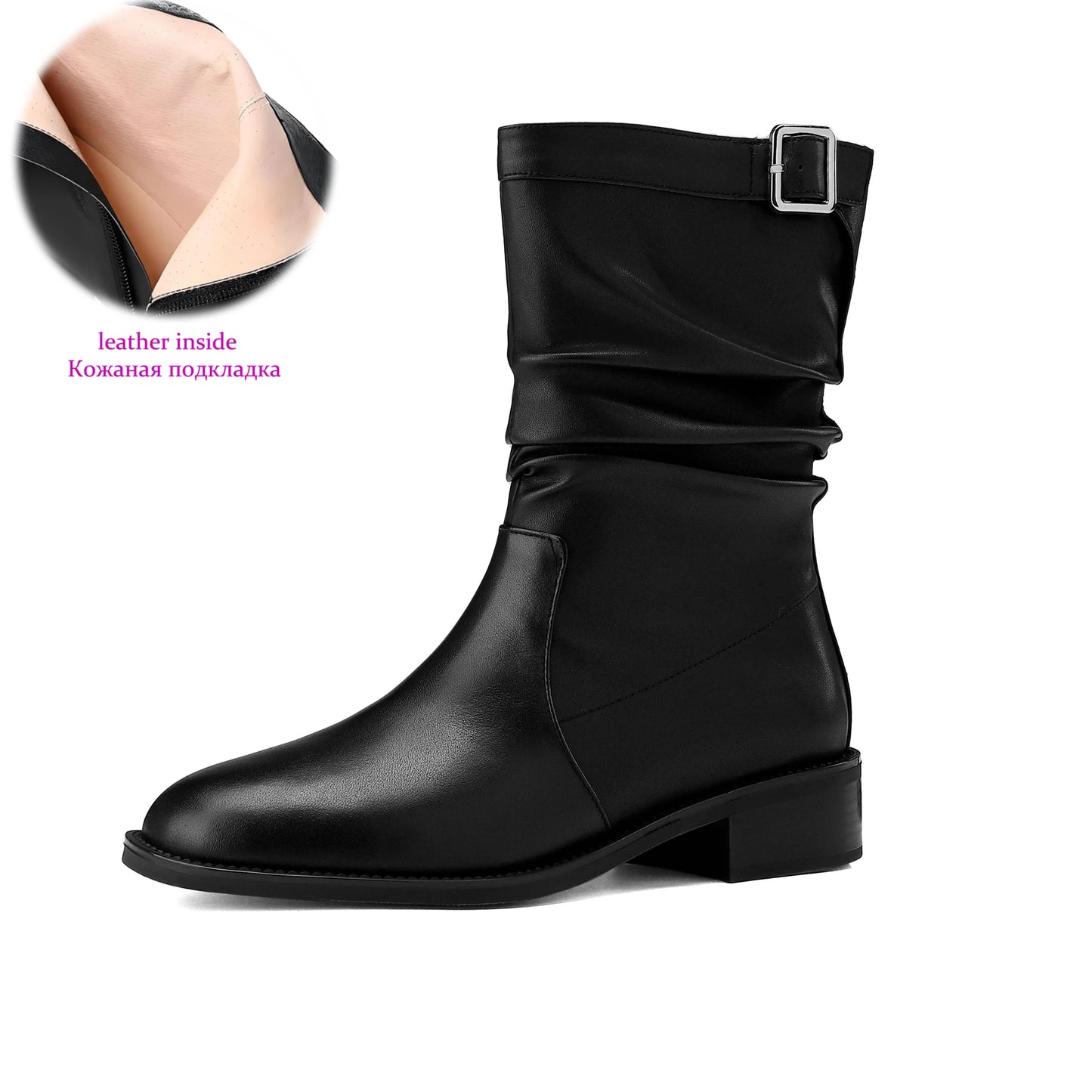 Cow Skin Med Heels Retro Pleated Western  Ankle Boots with Belt Buckle - Ghoddosh