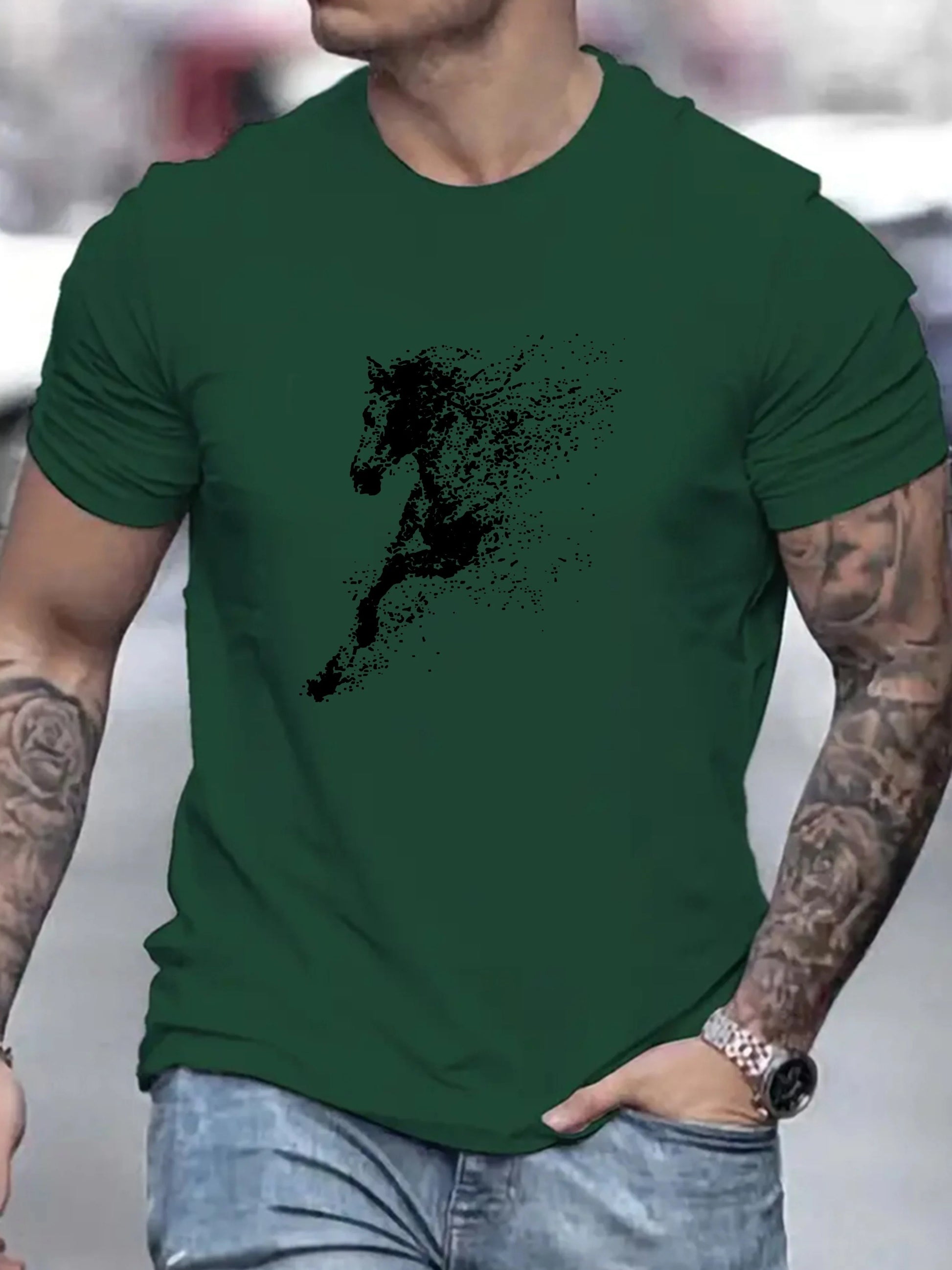 Men's Cotton Fashionable Casual Loose Large Black Horse Printed Pattern Short Sleeve T-shirt - Ghoddosh