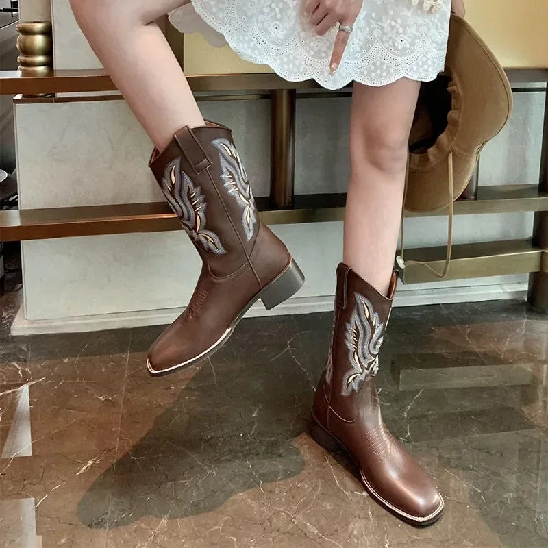 Embroidered brown cowboy boots — square toe and chunky mid-calf heel. - Ghoddosh