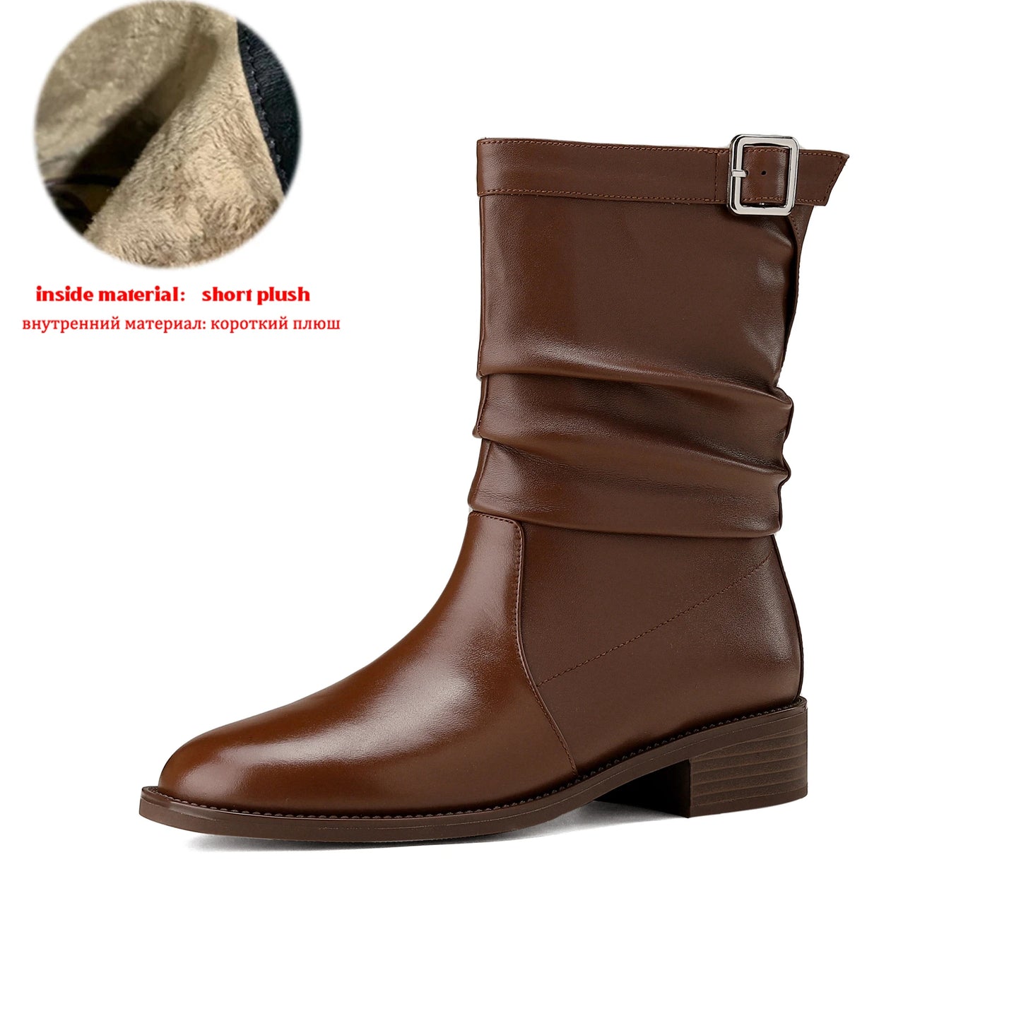 Cow Skin Med Heels Retro Pleated Western  Ankle Boots with Belt Buckle - Ghoddosh