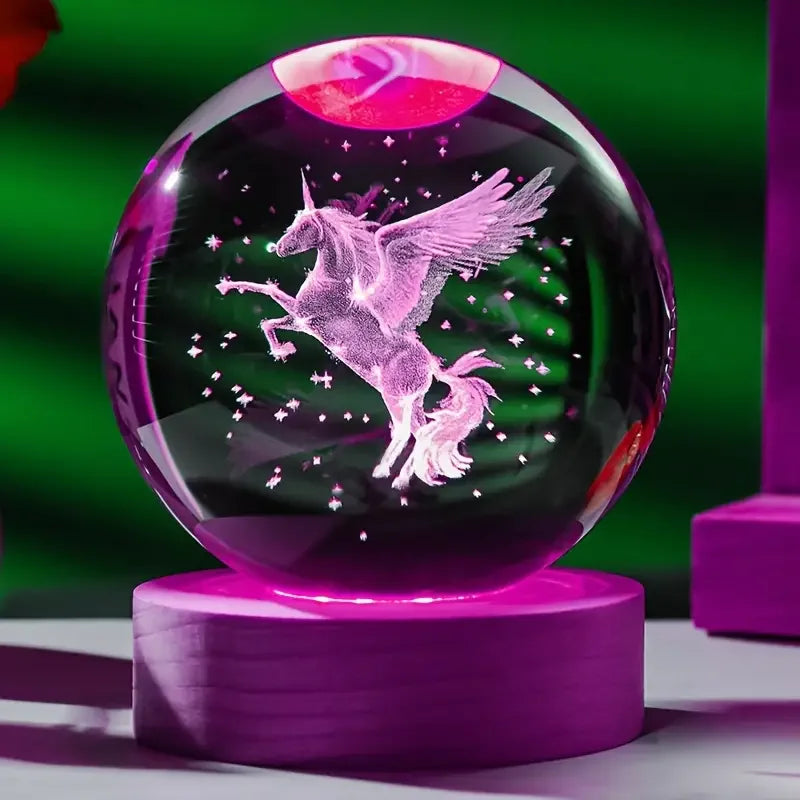 Unicorn 3D Laser Carved Crystal Ball, beautifully illuminated by a wooden-colored LED lamp holder - Ghoddosh