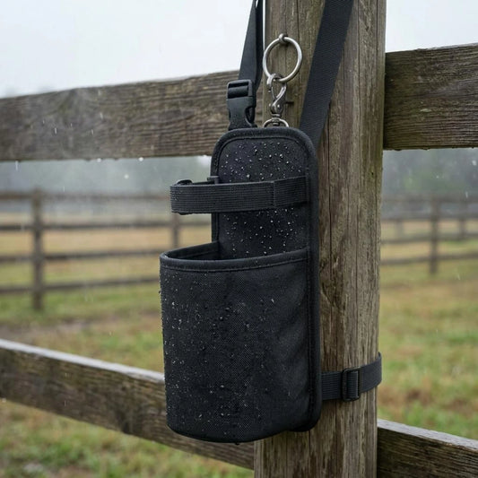 Horse Saddle Water Bottle Holder with Metal Buckle – Black Nylon Equestrian Drink Pouch for Trail Riding. @ ghoddosh.com