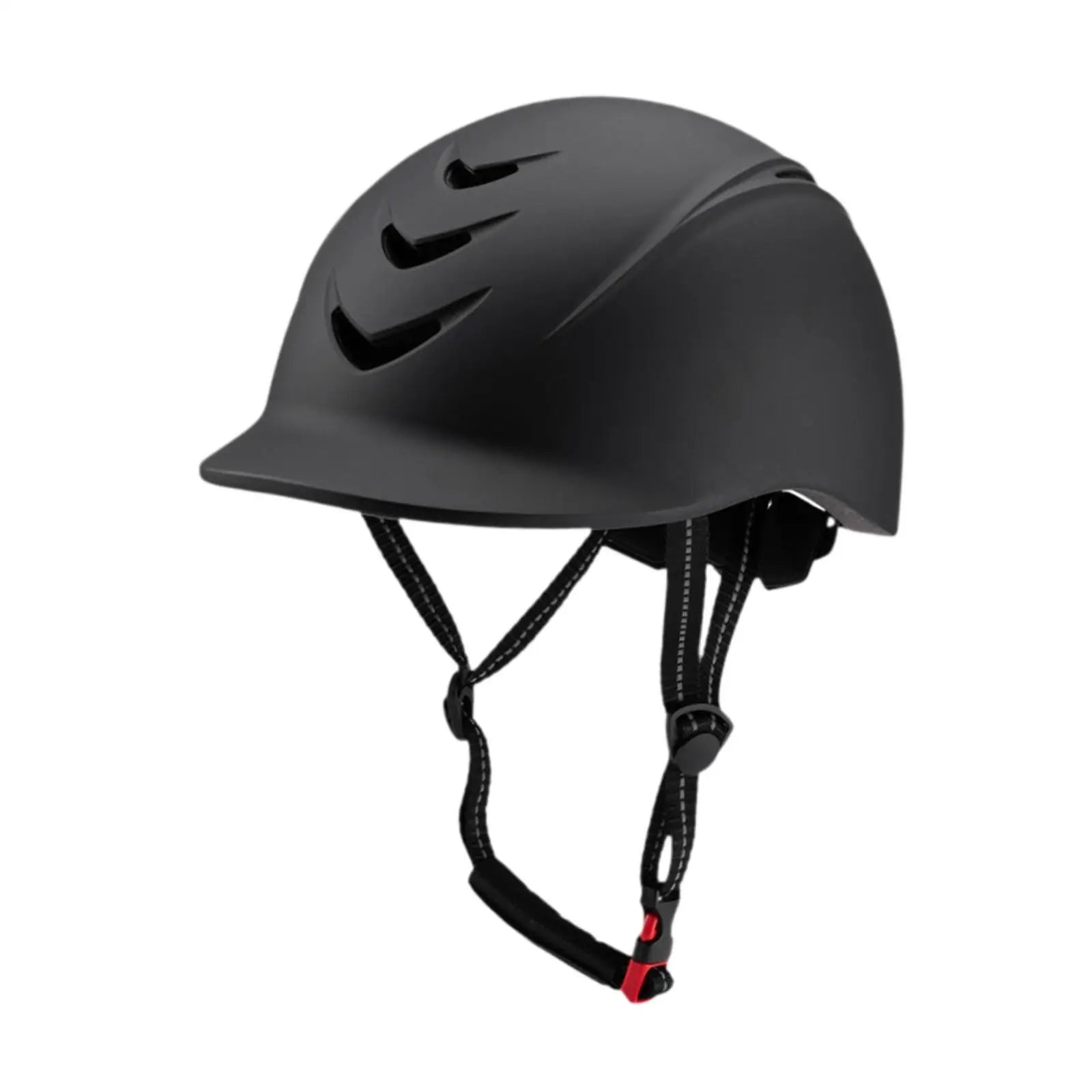 Black helmet with chin strap on a white background