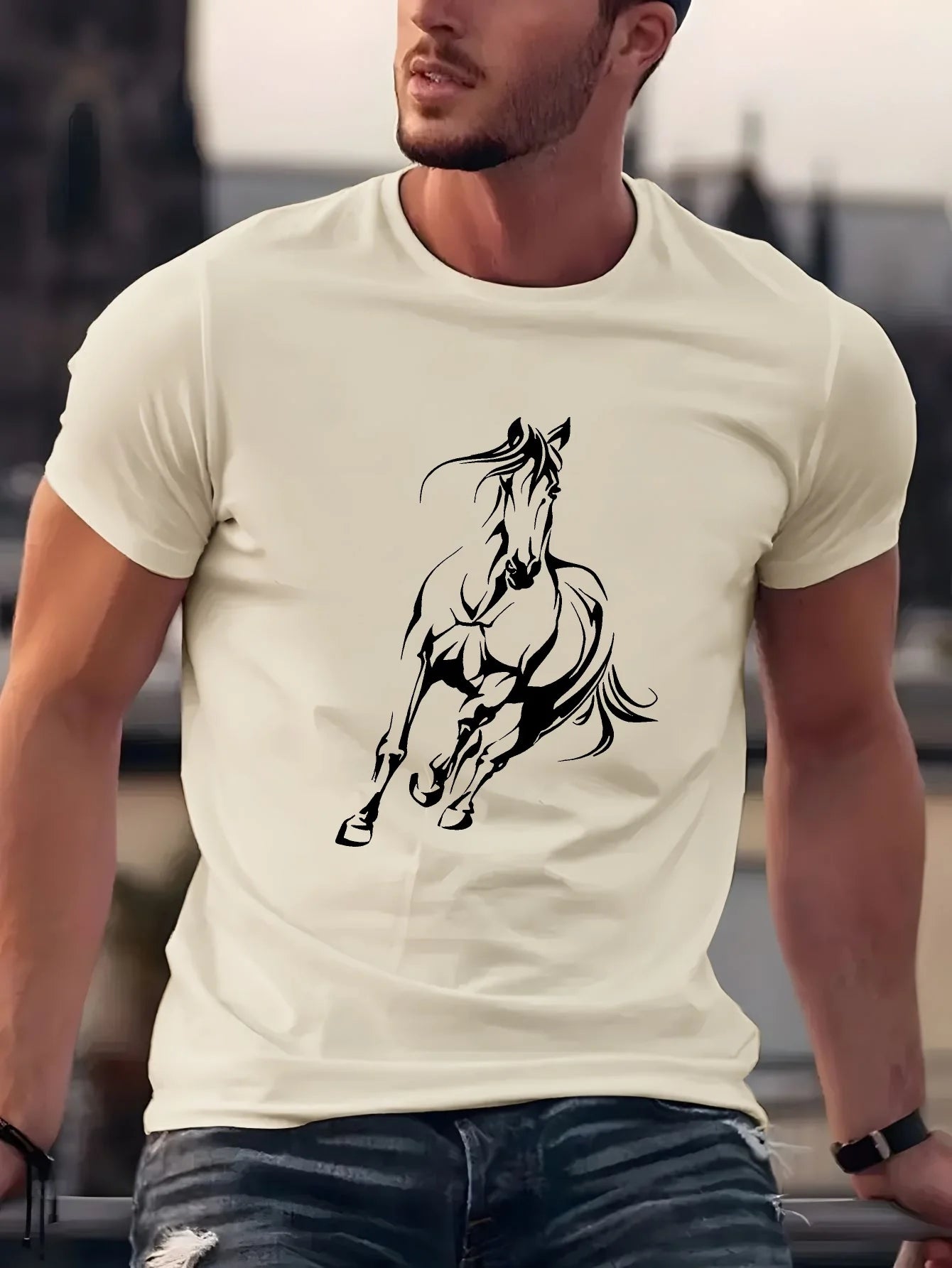 Men's  pure cotton fashionable casual  running horse pattern T- Shirt  - Ghoddosh