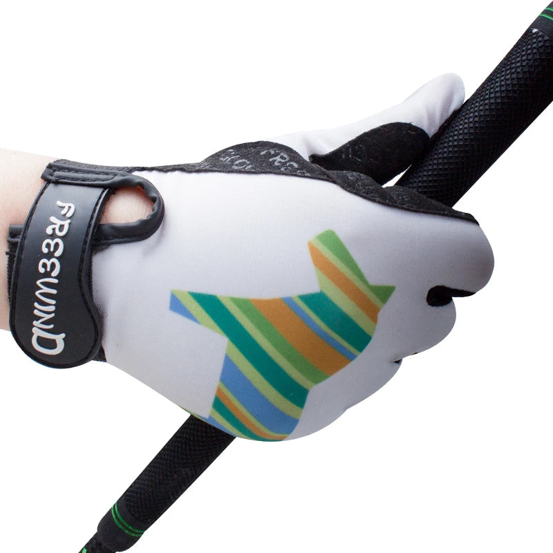 Gloves with colorful design and brand name on a white background .Ghoddosh