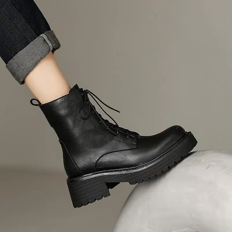 Genuine Leather Round Toe Thick High Heels Fashion Ankle Boots - Ghoddosh