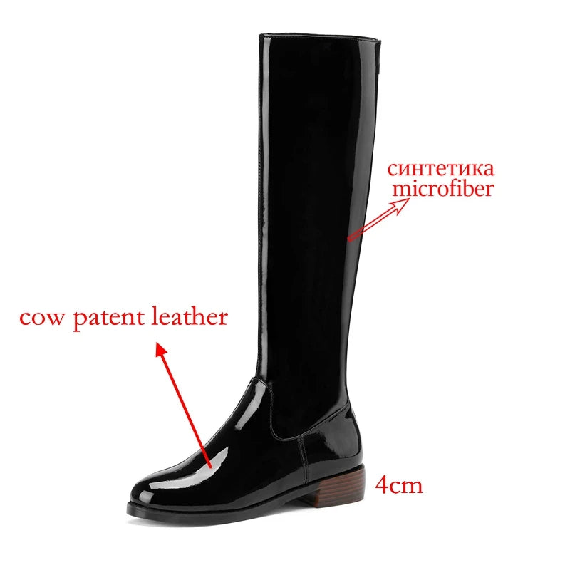 2026 New Arrival Riding Boots - Cow Patent Leather Round Toe Med Heel Fashion Boots - ghoddosh.com