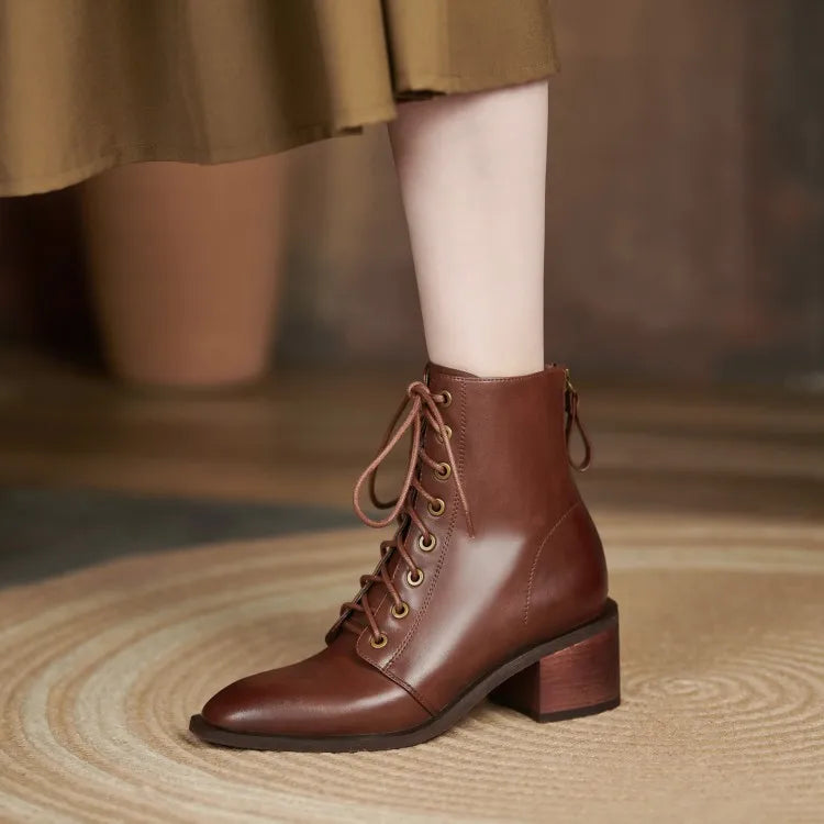 New  Split Leather Women  Round Toe  Chunky Heels Boots - Ghoddosh