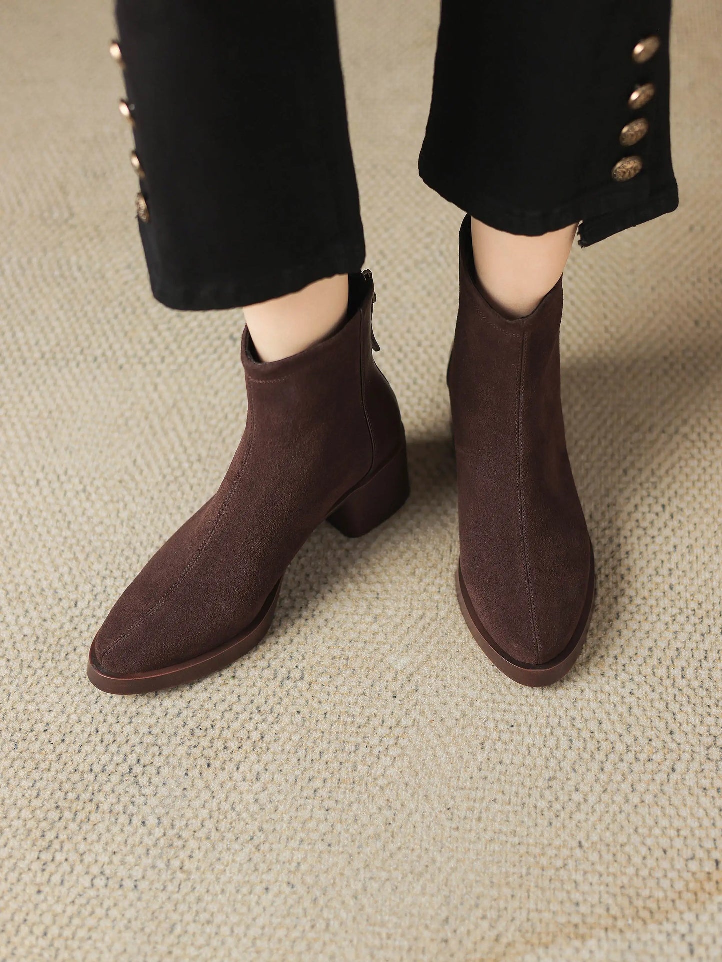 Premium Equestrian Suede Ankle Boots — Plus Sizes 34–43, Square Toe Mid Heels, Warm Winter Comfort - Ghoddosh