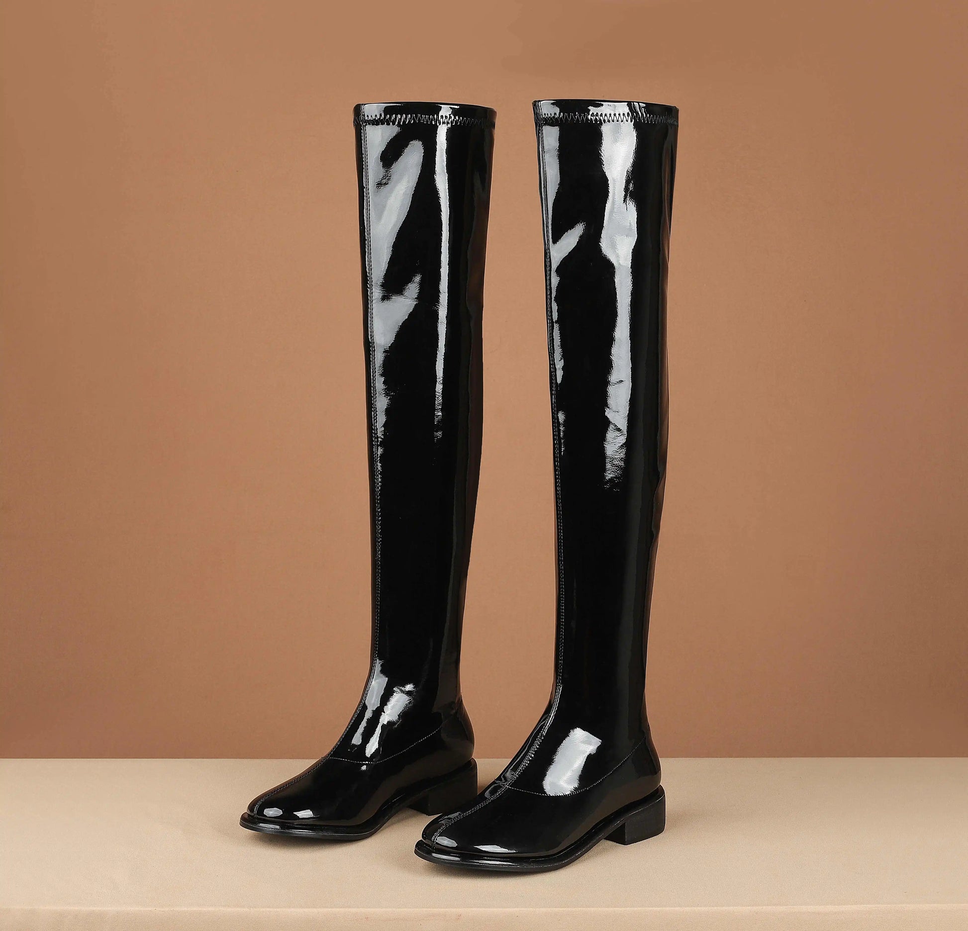 Round Toe Chunky Med Heel Stretch Over-the-knee Boots - Ghoddosh