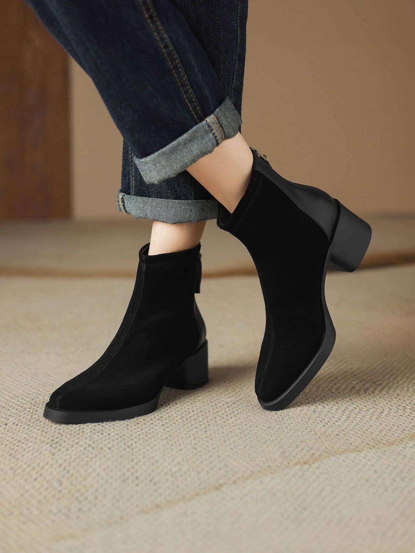 Premium Equestrian Suede Ankle Boots — Plus Sizes 34–43, Square Toe Mid Heels, Warm Winter Comfort - Ghoddosh