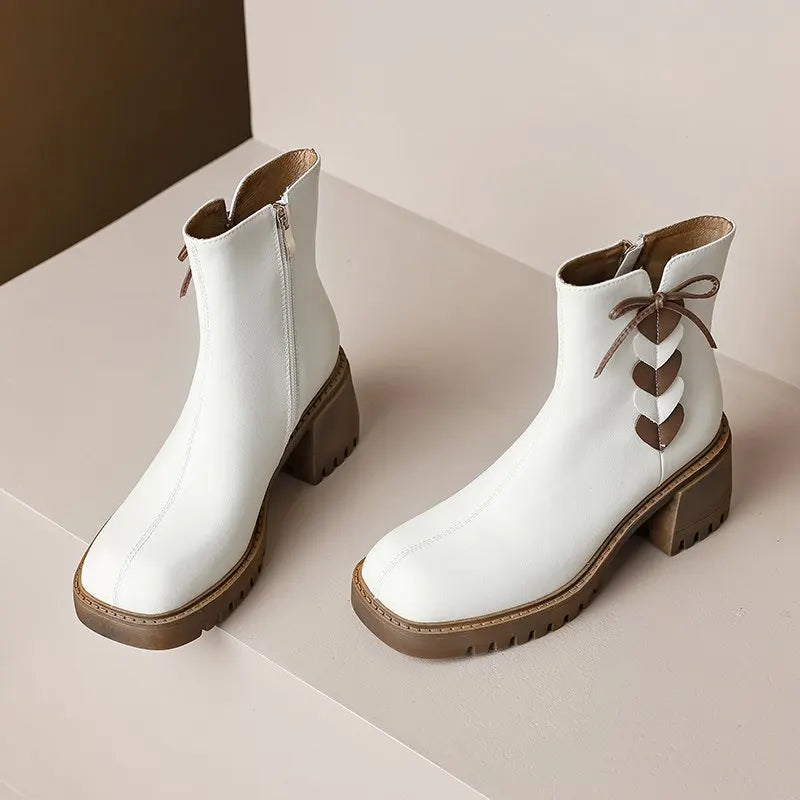 2026 Full Grain Leather , Square Toe , Thick High Heels Retro Fashion  Handmade Bowtie  - with Hearts  - Ghoddosh