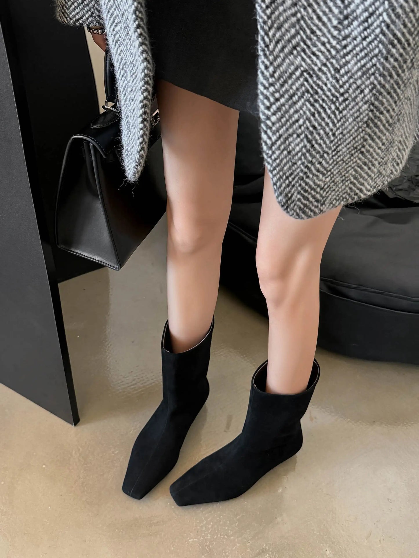 Suede Square Toe Low‑Heel  |  Casual & Modern Ankle Boots - Ghoddosh