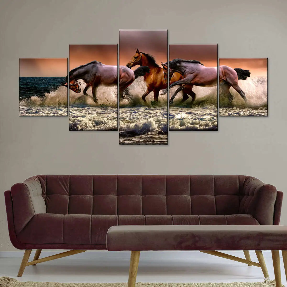 5 Panel Clashing Wild Running Horses Wall Art Canvas Décor