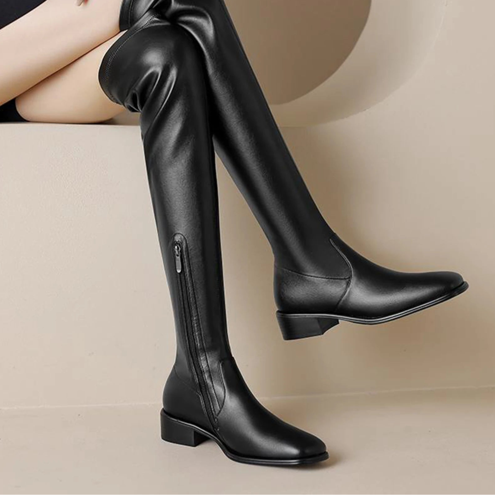 Elegant Modern Med Heels Square Toe Stretch Long Boots  , European Design Over-the-knee Boots - Ghoddosh