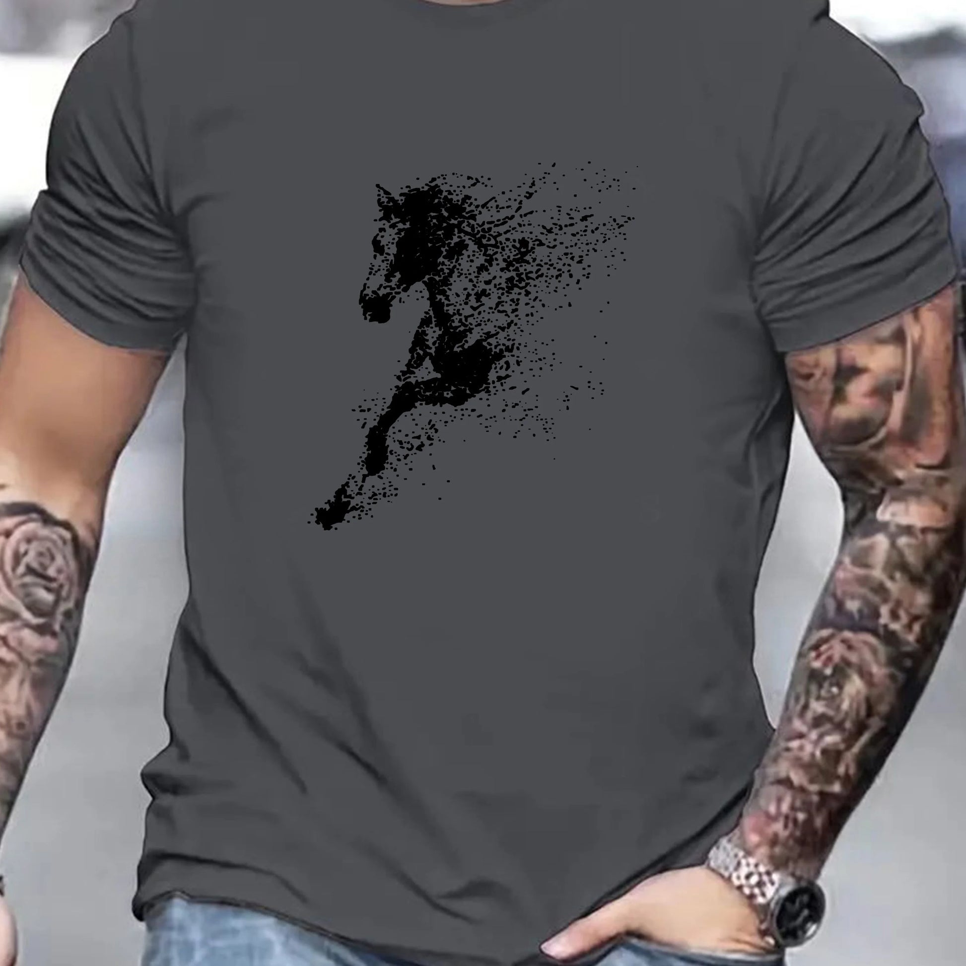 Men's Cotton Fashionable Casual Loose Large Black Horse Printed Pattern Short Sleeve T-shirt - Ghoddosh