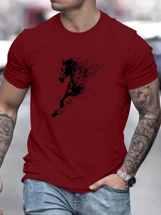 Men's Cotton Fashionable Casual Loose Large Black Horse Printed Pattern Short Sleeve T-shirt - Ghoddosh