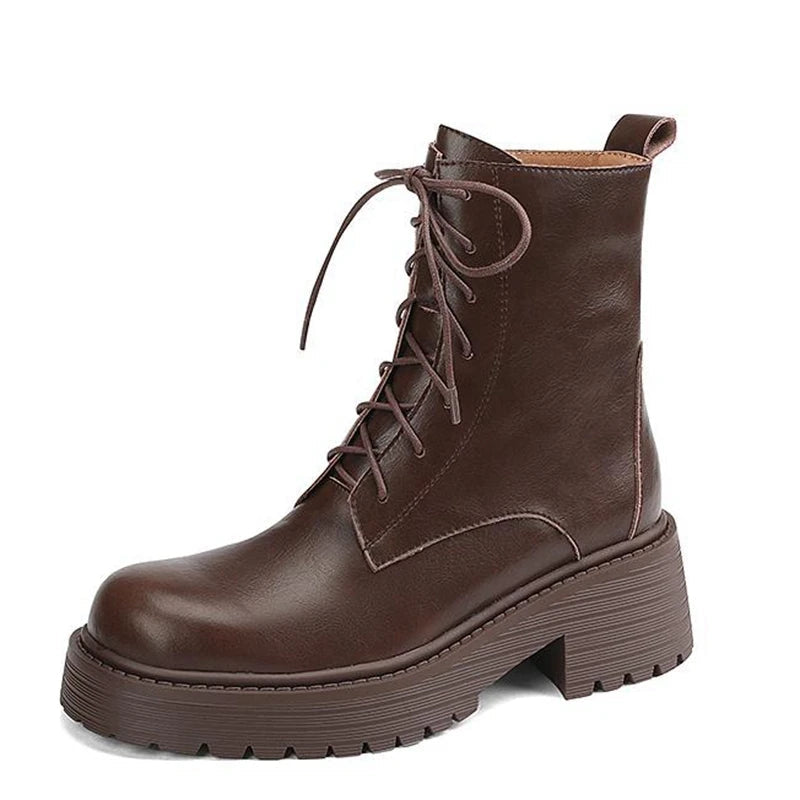 Genuine Leather Round Toe Thick High Heels Fashion Ankle Boots - Ghoddosh