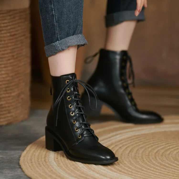 New  Split Leather Women  Round Toe  Chunky Heels Boots - Ghoddosh