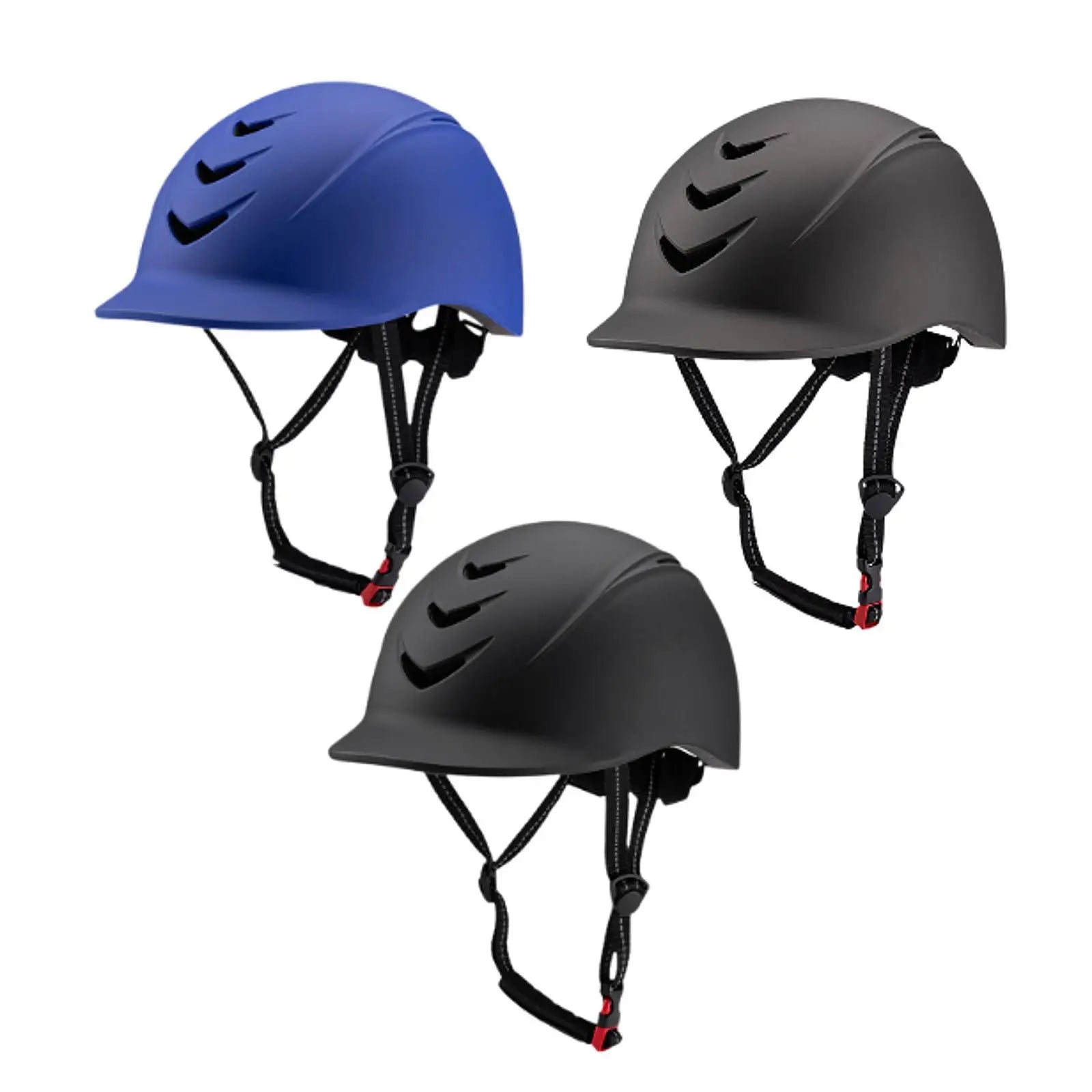 Three helmets in black, blue, and gray on a white background .Ghoddosh