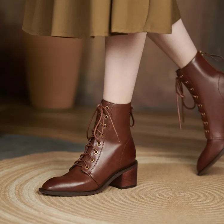 New  Split Leather Women  Round Toe  Chunky Heels Boots - Ghoddosh