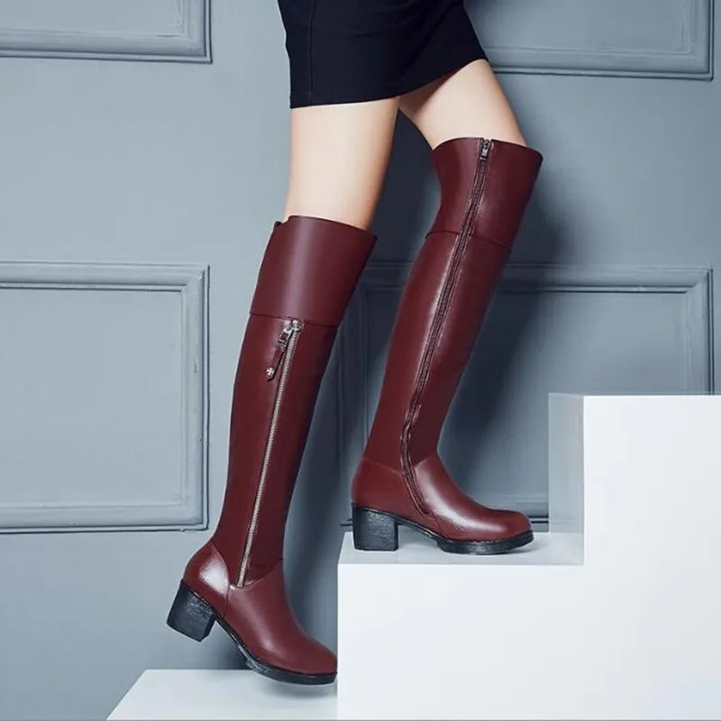 Women  Genuine Leather Thick Velvet  Long Boots