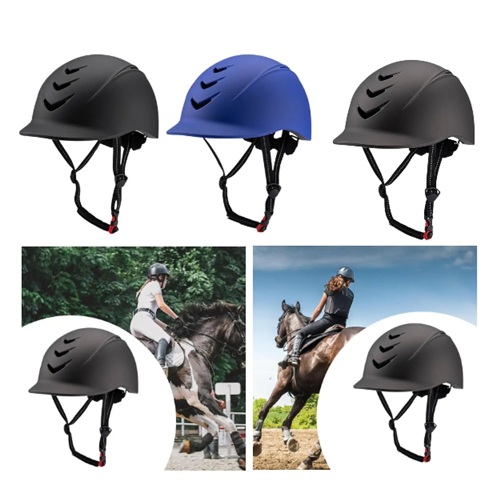 Three horse riding helmets in black, blue, and gray with two images of people riding horses in the background. Ghoddosh