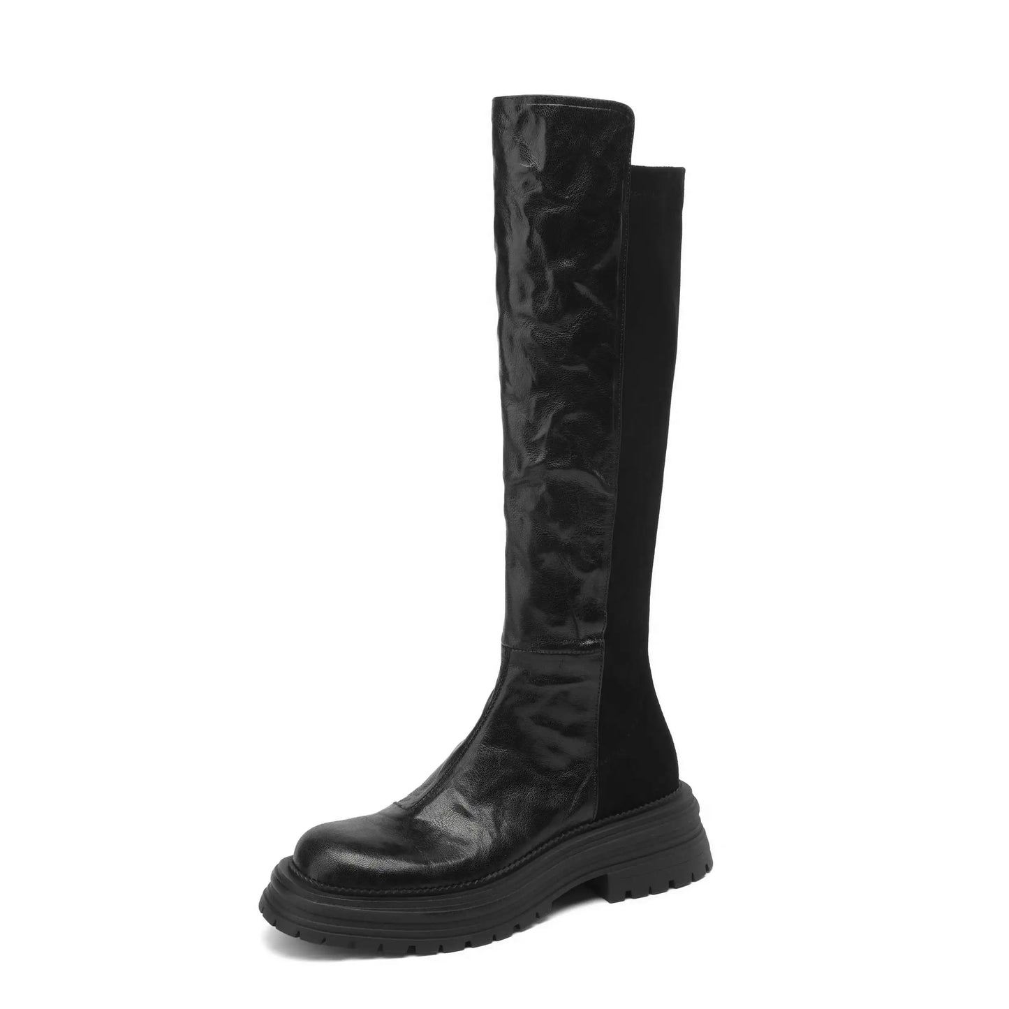 Vintage Sheep Leather Round Toe Winter Equestrian Boots Med Heels Slip On Platform Punk Thigh High Boots - Ghoddosh