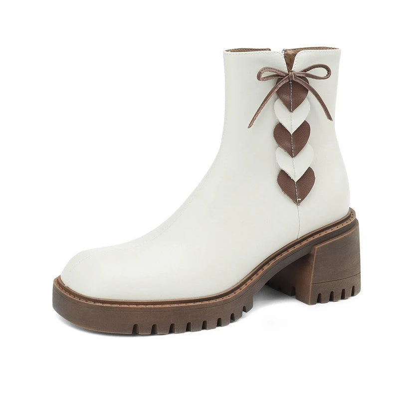 2026 Full Grain Leather , Square Toe , Thick High Heels Retro Fashion  Handmade Bowtie  - with Hearts  - Ghoddosh