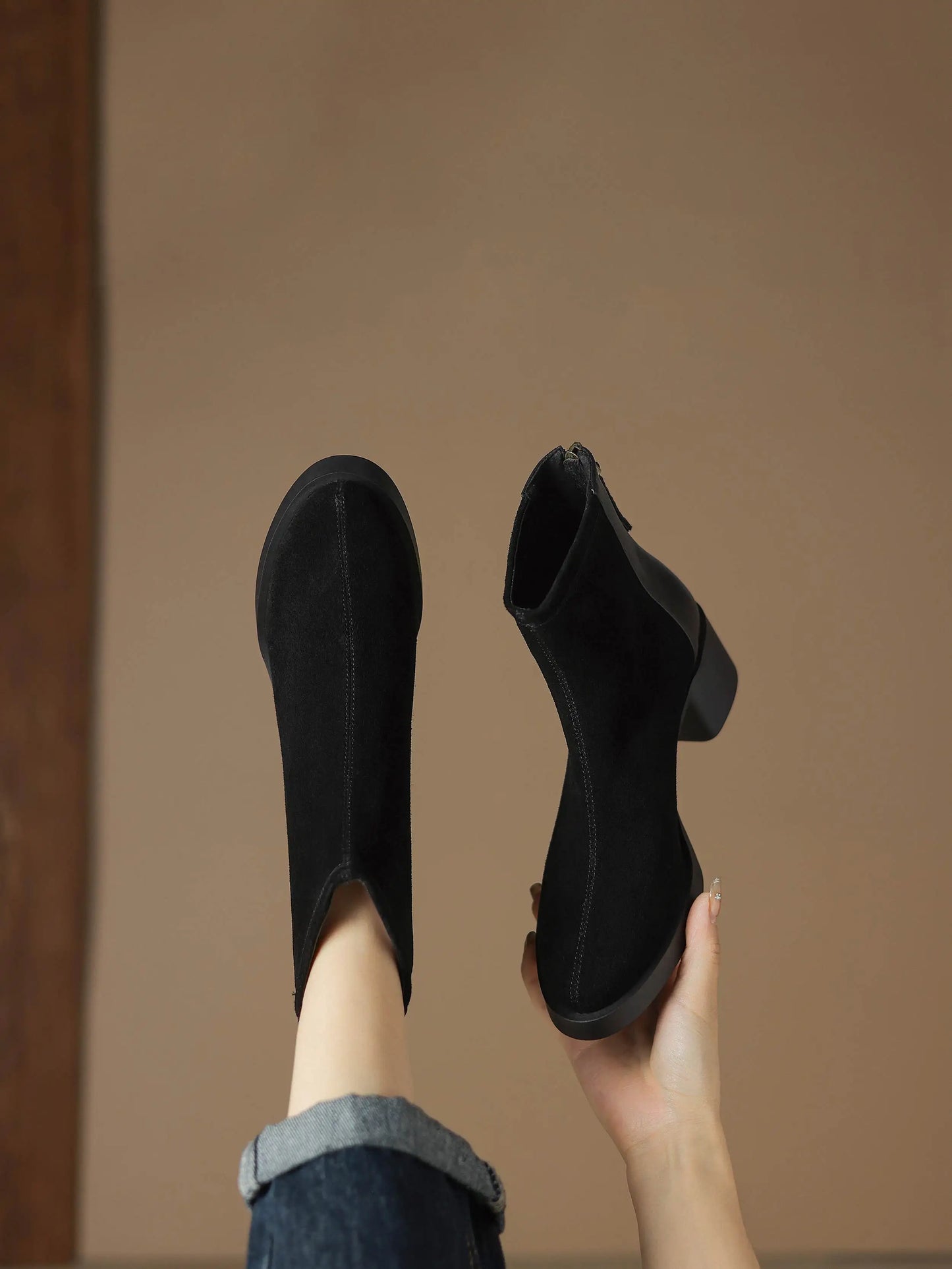 Premium Equestrian Suede Ankle Boots — Plus Sizes 34–43, Square Toe Mid Heels, Warm Winter Comfort - Ghoddosh
